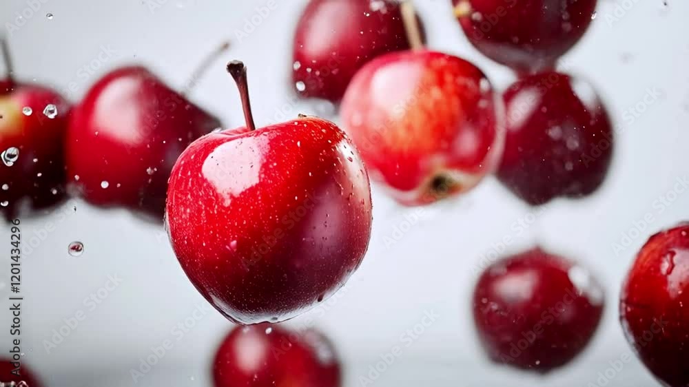 Poster juicy red apples are caught mid-air, splashing through droplets of water in a vibrant display. the d