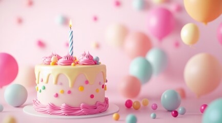 photo of birthday cake with candles and balloons on pastel background 