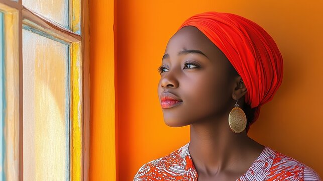 A woman adorned in colorful attire sits near a window, gazing thoughtfully outside. The bright orange wall enhances the warm ambience of the room, showcasing her serene expression