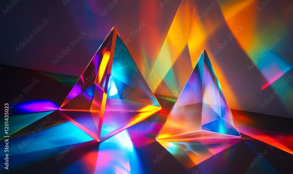 Poster bstract light refraction and prism reflections creating vivid, colorful shapes and patterns on a dar