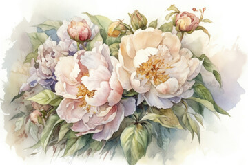 Obraz premium Ornament with peonies on a white background, watercolor style, Generative AI