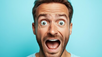 A man with a beard displays a joyful expression, his eyes wide and mouth open in a big smile. The bright blue background enhances the cheerful atmosphere
