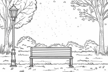 A serene park scene featuring a bench and a lamppost surrounded by trees and grass.