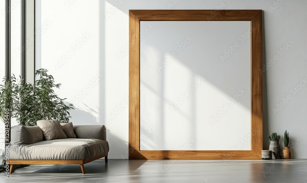 Aufkleber a large wooden mirror frame resting on a crisp white surface with a minimalist design and a touch of