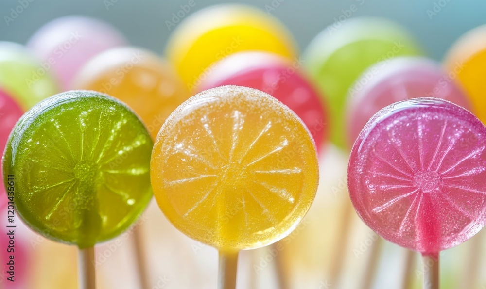 Poster bunch of lollipops with different colors and shapes, including a lime. the image has a playful and c