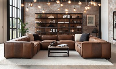 Modern brown leather sectional sofa in industrial loft living room with brick wall, large windows, and wooden shelving.