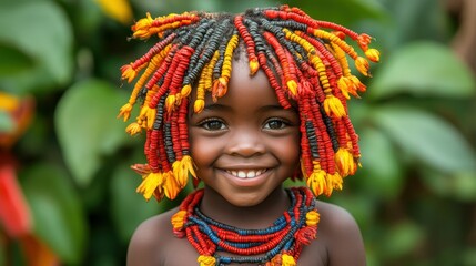 A child with playful braided hair in bright hues of red and yellow is smiling warmly. They are adorned with a colorful necklace and surrounded by lush greenery, enjoying a sunny day
