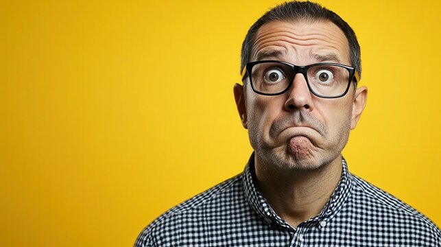A man wearing glasses shows surprise and confusion, making a facial expression that conveys uncertainty. The bright yellow background adds emphasis to his puzzled look