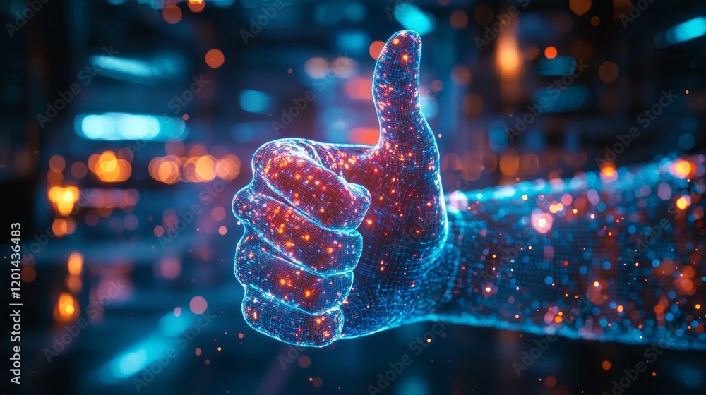 Poster In a softly illuminated digital space, a translucent hand, shimmering with a spectrum of colors, extends upward in a gesture of approval, creating an enchanting atmosphere of positivity and wonder