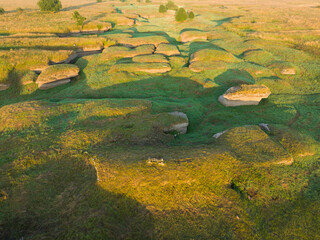 Drone view: Dried riverbed in karst area, bizarre relief and traces of ancient stream.