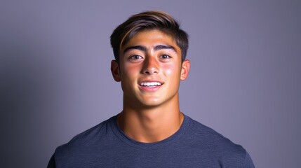 A young male athlete stands confidently with a broad smile, showcasing his energetic spirit. The studio light highlights his features, adding warmth to the setting