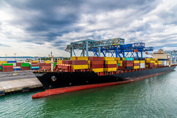 A view along the container port in Boston in the early morning in the fall