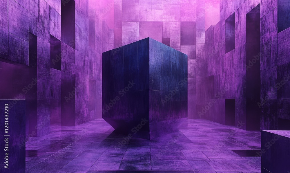 Aufkleber a massive cube dominates the center of a vast purple-colored textured background composed of countle