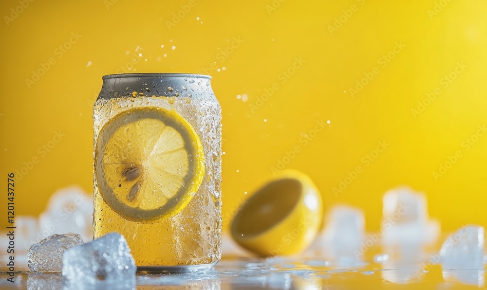 Poster can of soda with a lemon slice in it is sitting on a table with ice cubes and a yellow background