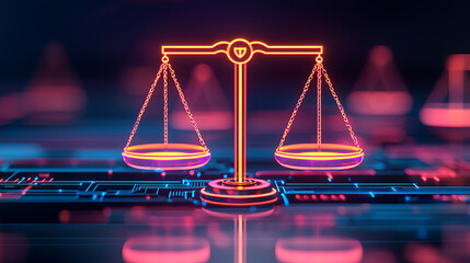 Digital scales of justice with neon glow, symbolizing technology and law