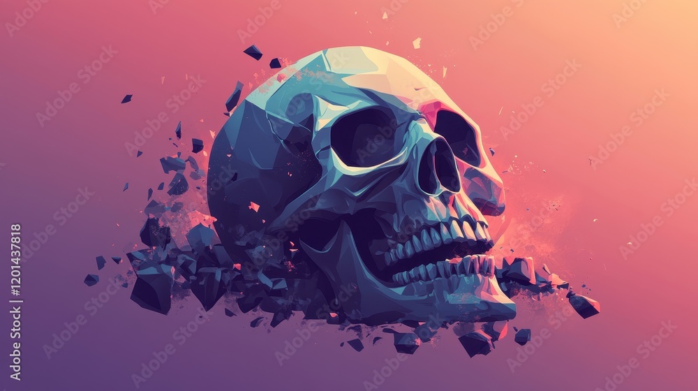 Poster abstract polygonal skull disintegrating into fragments
