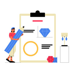 Woman Jewelry Designer Holding Giant Pencil Reviewing Jewelry Design In Flat Vector Illustration Symbolizing Creativity And Craftsmanship Isolated On White Background