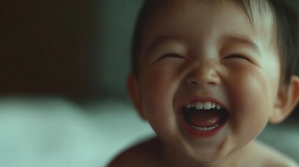 A cheerful baby with a big smile showcases pure joy while playing indoors. The soft afternoon light highlights the baby's happiness and captivating expression