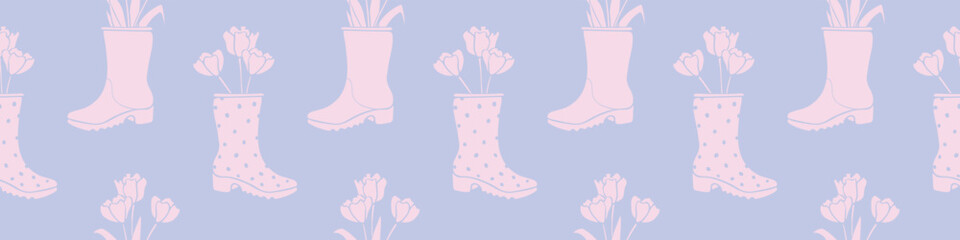 Vector seamless pattern with tulip flowers in rubber rain boots. Cute texture, backdrop for wrapping paper, textile. Topic of spring, gardening, blooming nature