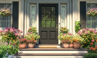 Obraz premium A Front Door with a Window and Planters Full of Flowers