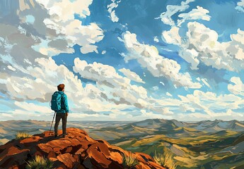 Hiker on mountaintop enjoying vast scenic view.