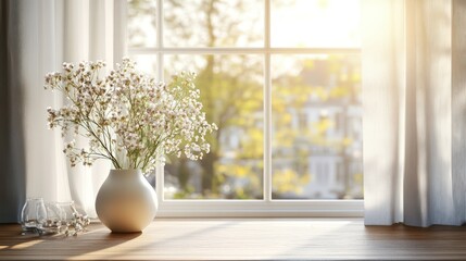 Sunlit window sill with vase of white flowers, sunlight streaming through sheer curtains.