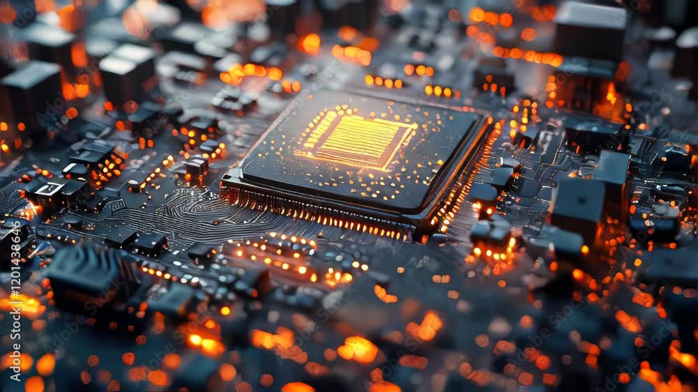 Poster close-up view of a glowing computer chip on a detailed circuit board, showcasing advanced technology