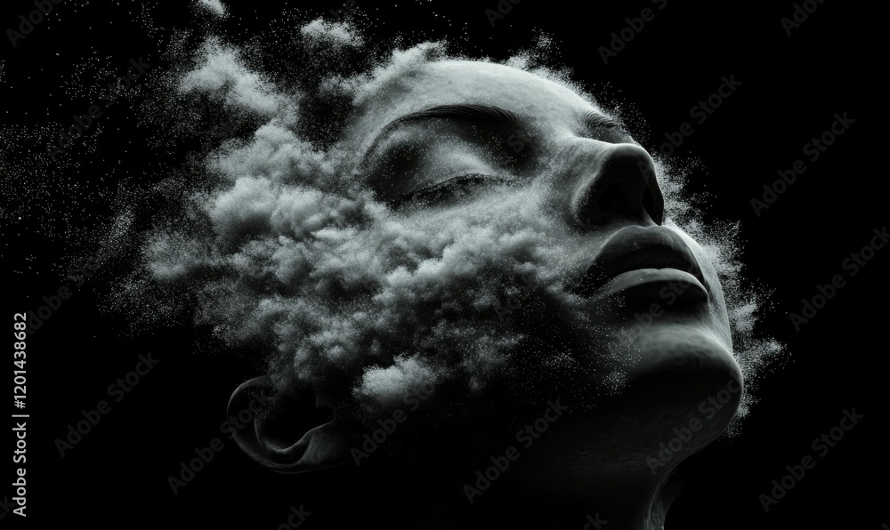 Poster a monochrome surreal representation of a face dissolving into fine particles, symbolizing the ethere
