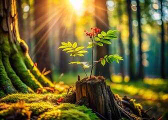 Fototapeta premium Polish Forest: Tiny Rowan Sprout Emerging from Ancient Stump - Tilt-Shift Miniature