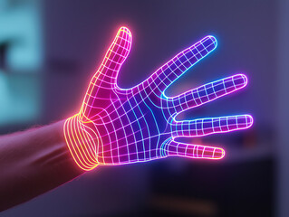 glowing holographic hand with neon wireframe design, showcasing creativity and technology