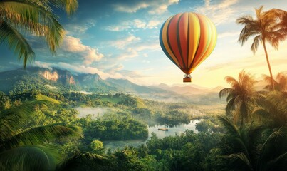 Fototapeta premium A Hot Air Balloon Ascending Over a Lush Tropical Landscape