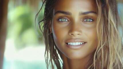 Fototapeta premium A woman with sun-kissed skin and captivating eyes smiles brightly while standing in a tropical setting. The sunlight highlights her natural beauty by the beach