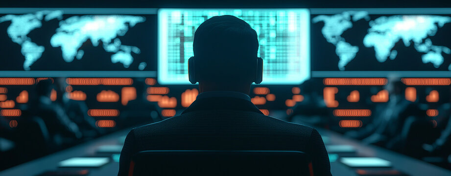 Business meeting in futuristic control room with glowing data displays