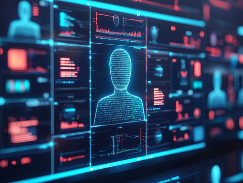 Digital interface displaying holographic data streams and user profiles