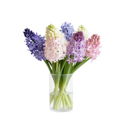 A vase filled with hyacinths in various pastel shades (blue, purple, pink, and white).