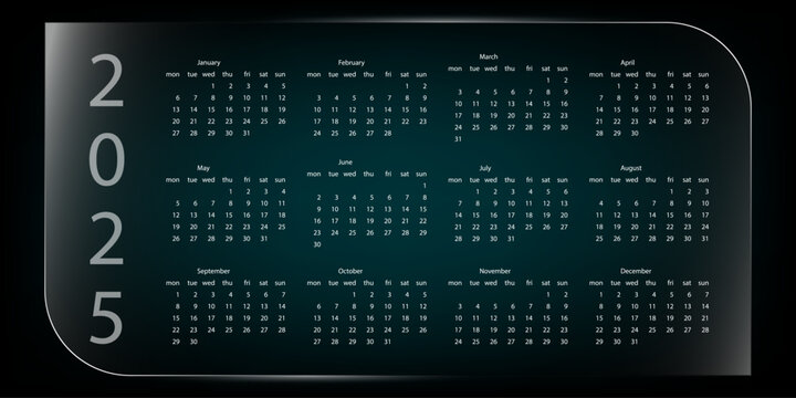 Stylish monochrome calendar on transparent glass. 2025. Minimalistic, business, official design