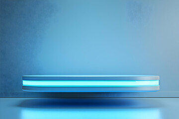 A floating product display podium in a soft blue gradient setting, perfect for high-tech or luxury items.