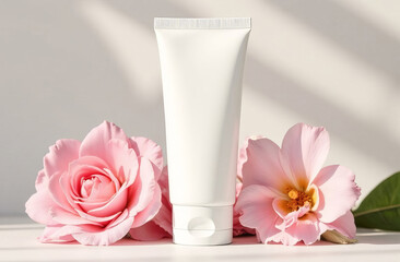 The tube for cosmetics without labels, beautiful flowers nearby, flower heads, mockup. Light background, shadows.