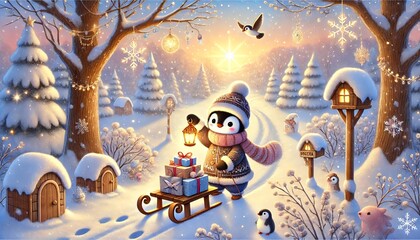 Naklejka premium A charming storybook illustration of a snowy forest during a tranquil evening, featuring a penguin postman with a glowing sled