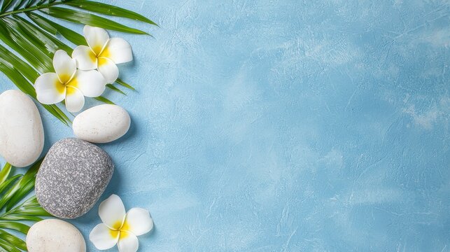 Relaxing spa scene with flowers, stones, and green leaves on blue background