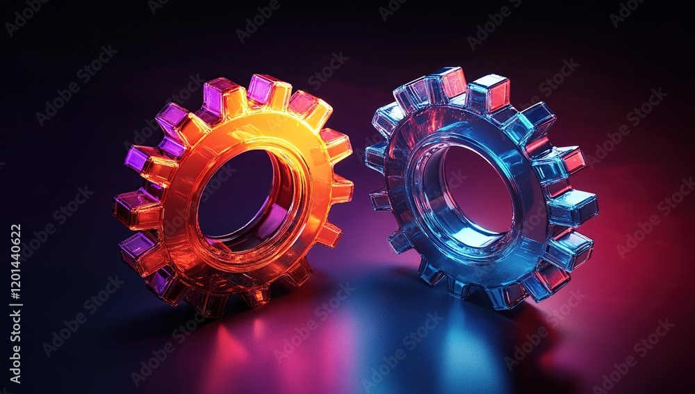 Poster interlocking gears: system synergy, precise mechanism, illuminated cogwheels, dynamic innovation, vi