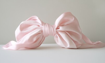 A pink ribbon with an oversized artificial bow knotted on top of a white surface, pink ribbon, white surface, textile feature, oversized bow, whimsical decor