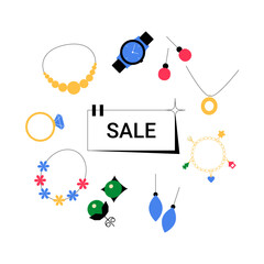 Fototapeta premium Jewelry Sale Items Including Watches, Necklaces, Earrings, And Bracelets In Flat Vector Illustration Symbolizing Discounts, Shopping, And Fashion, Isolated On White Background.