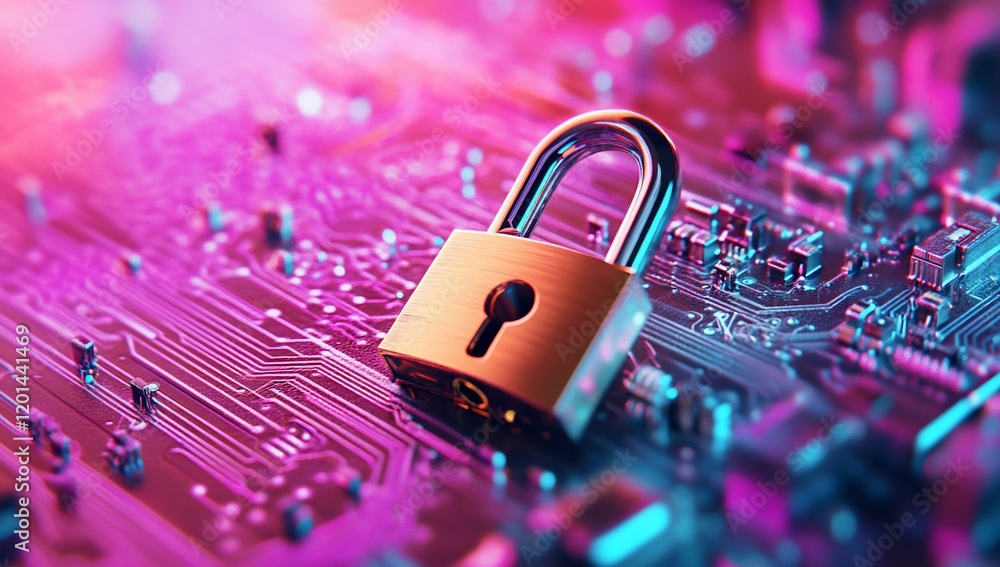 Poster cyber security padlock on vibrant circuit board data protection concept