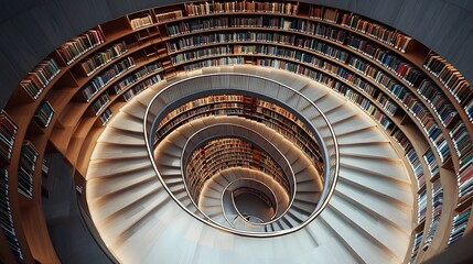Obraz premium Captivating Spiral Library with Concentric Bookshelves and Staircase