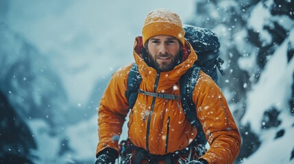 Portrait of professional male mountain guide climber hiker looking up at high altitude summit carrying backpack with alpine climbing gear. Snowy weather. Hiking, success, extreme sport concept.