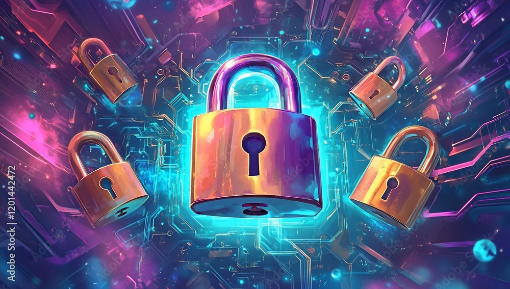 Poster cyber security digital padlocks protecting futuristic circuit board