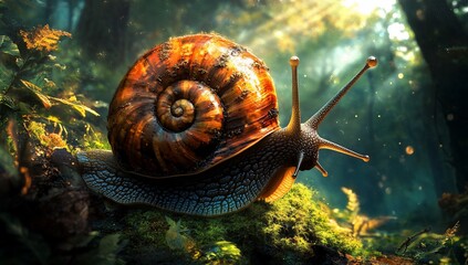 Majestic Snail in Vibrant Forest Setting Nature Photography