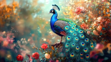 Fototapeta premium Majestic Peacock Amidst Blooming Roses Serene Garden Escape