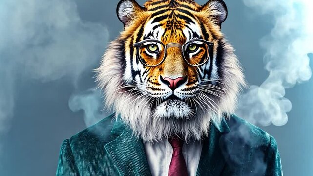 Tiger with human traits dressed in a suit in a creative and surreal setting